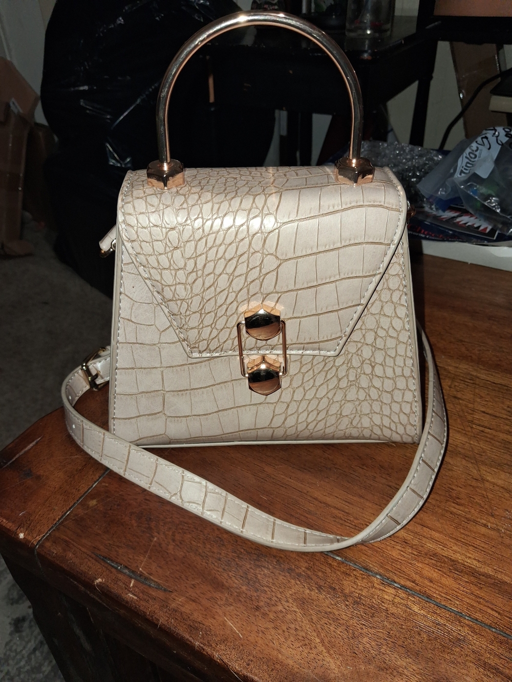 Badgley Mischka Cream Croc-Embossed Top-Handle Satchel with Gold Hardware